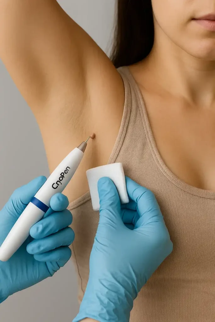 woman having cryopen to remove underarm skin tags Wigan